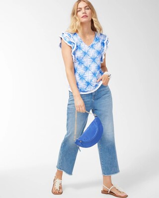 Linen Geometric Print Flutter Sleeve Top