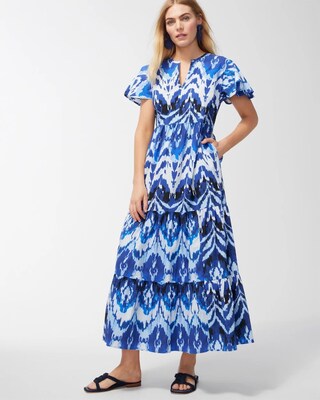 Poplin Ikat Tiered Maxi Dress