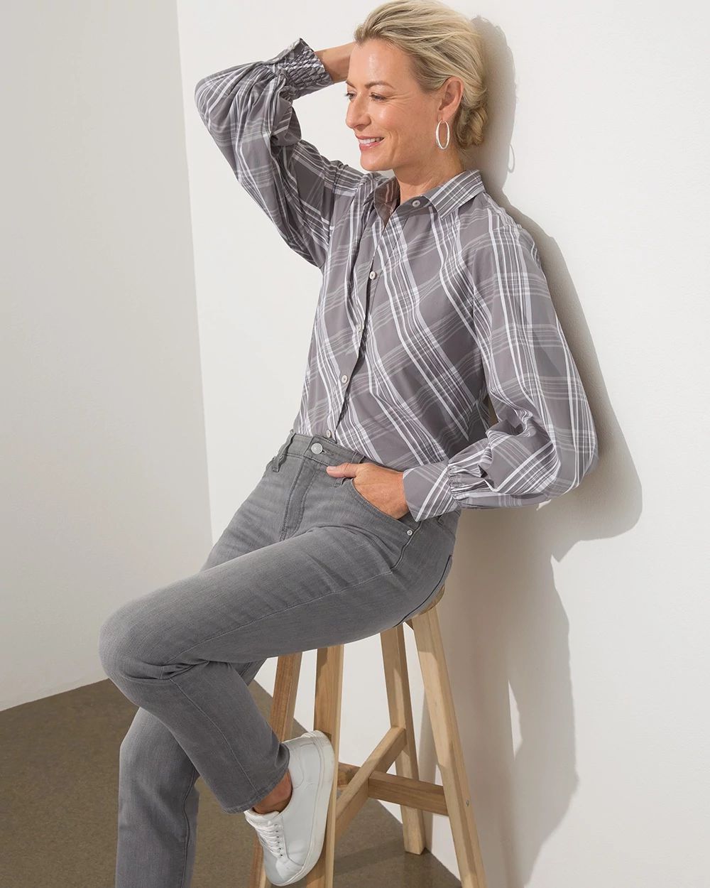 Poplin Billow Sleeve Plaid Shirt
