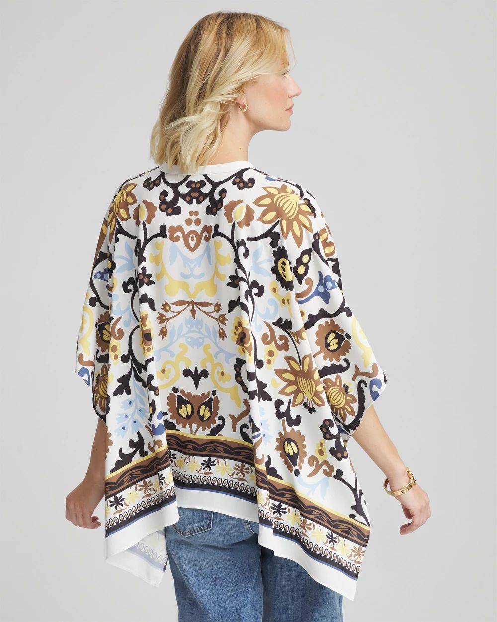 Printed Collarless Button-Front Poncho