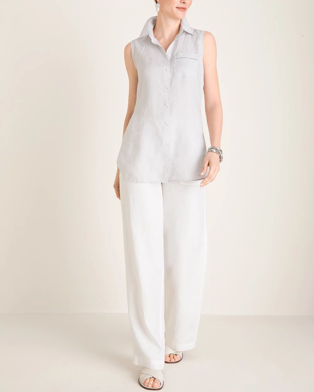 No-Iron Linen Sleeveless Buttondown Tunic