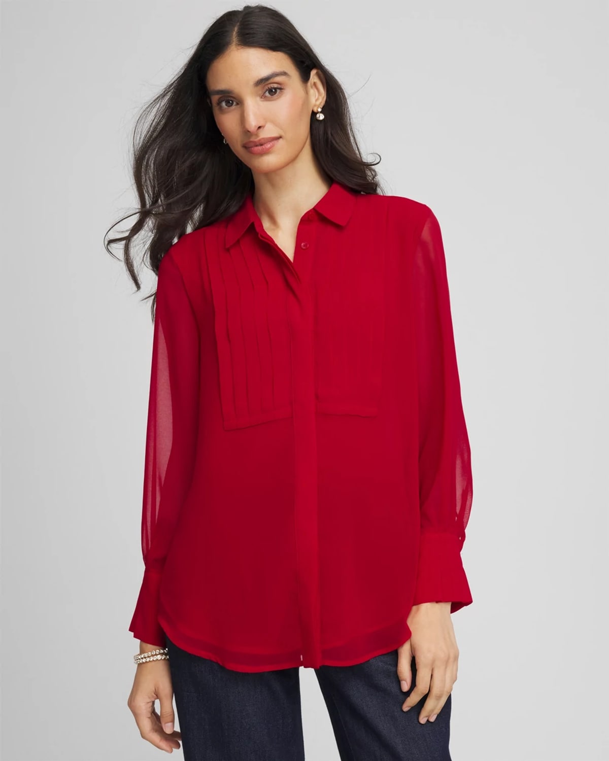 Chico's Pintuck Georgette Tunic In Carmine Red In Red