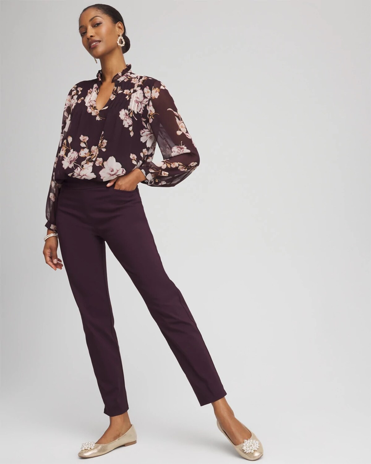 Chico's Brigitte Slim Pull-on Ankle Pants In Night Bloom In Purple