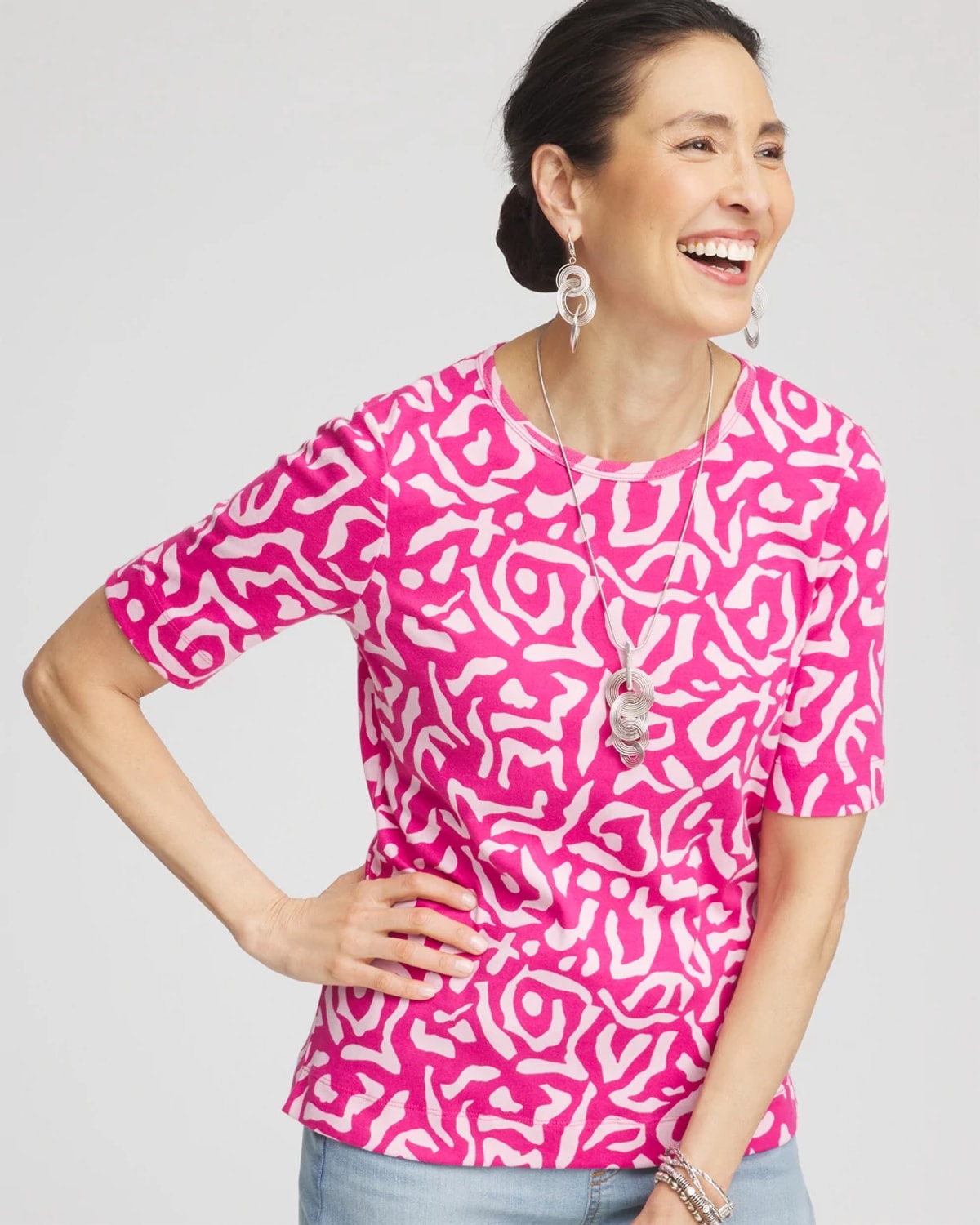 Chico's Animal Print Crewneck Pima Tee In Pink