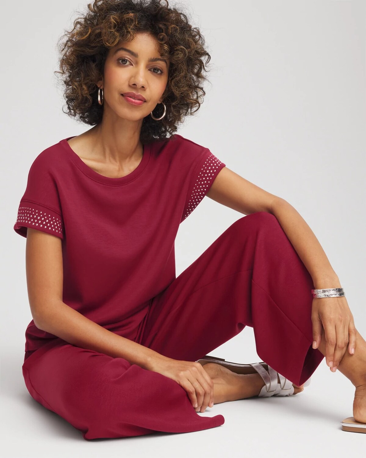 Chico's Scuba Embellished Short-sleeve Top In Russet Red In Red