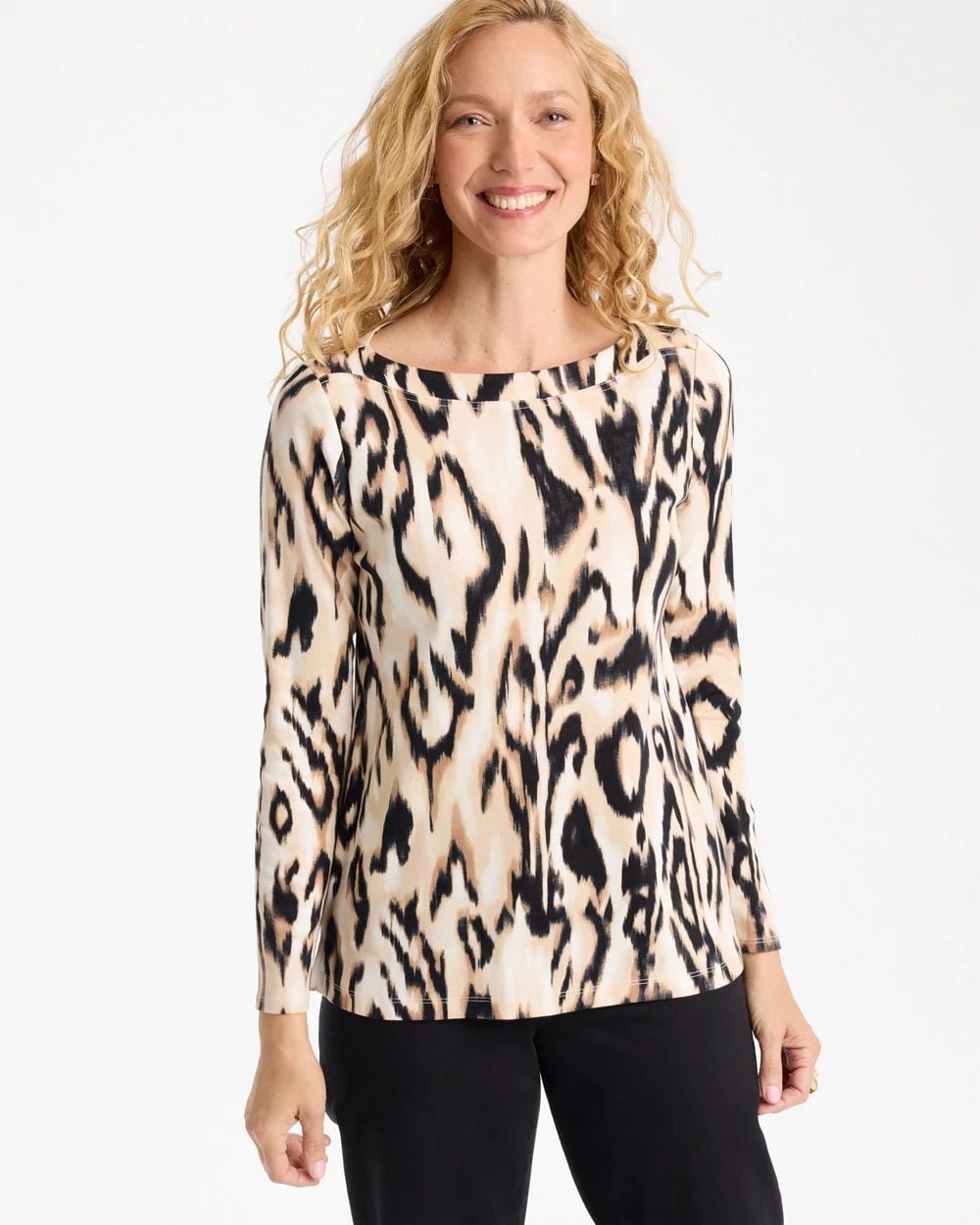 Animal Print Stretch Cotton Boatneck Tunic