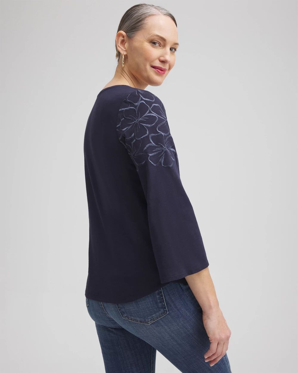 Floral Embroidered 3/4 Sleeve Top