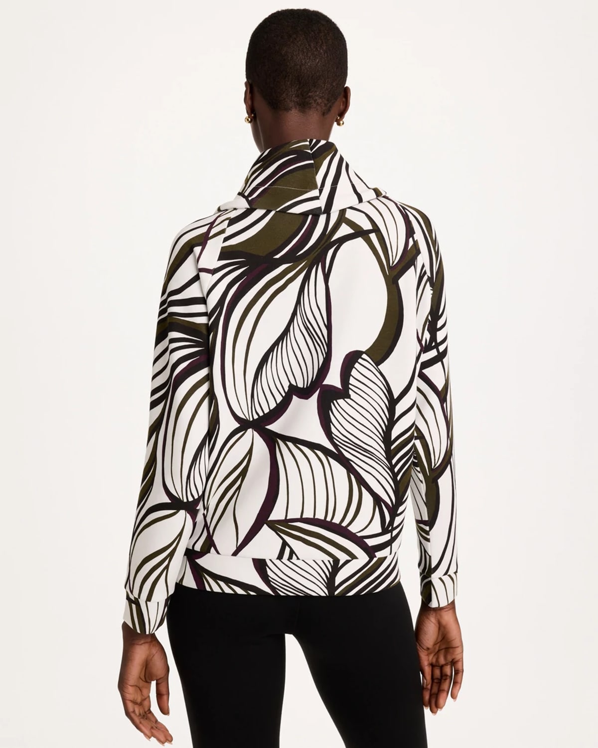 Chico's Soft Leaf Print Cowlneck Pullover In Green In Primordial Forest