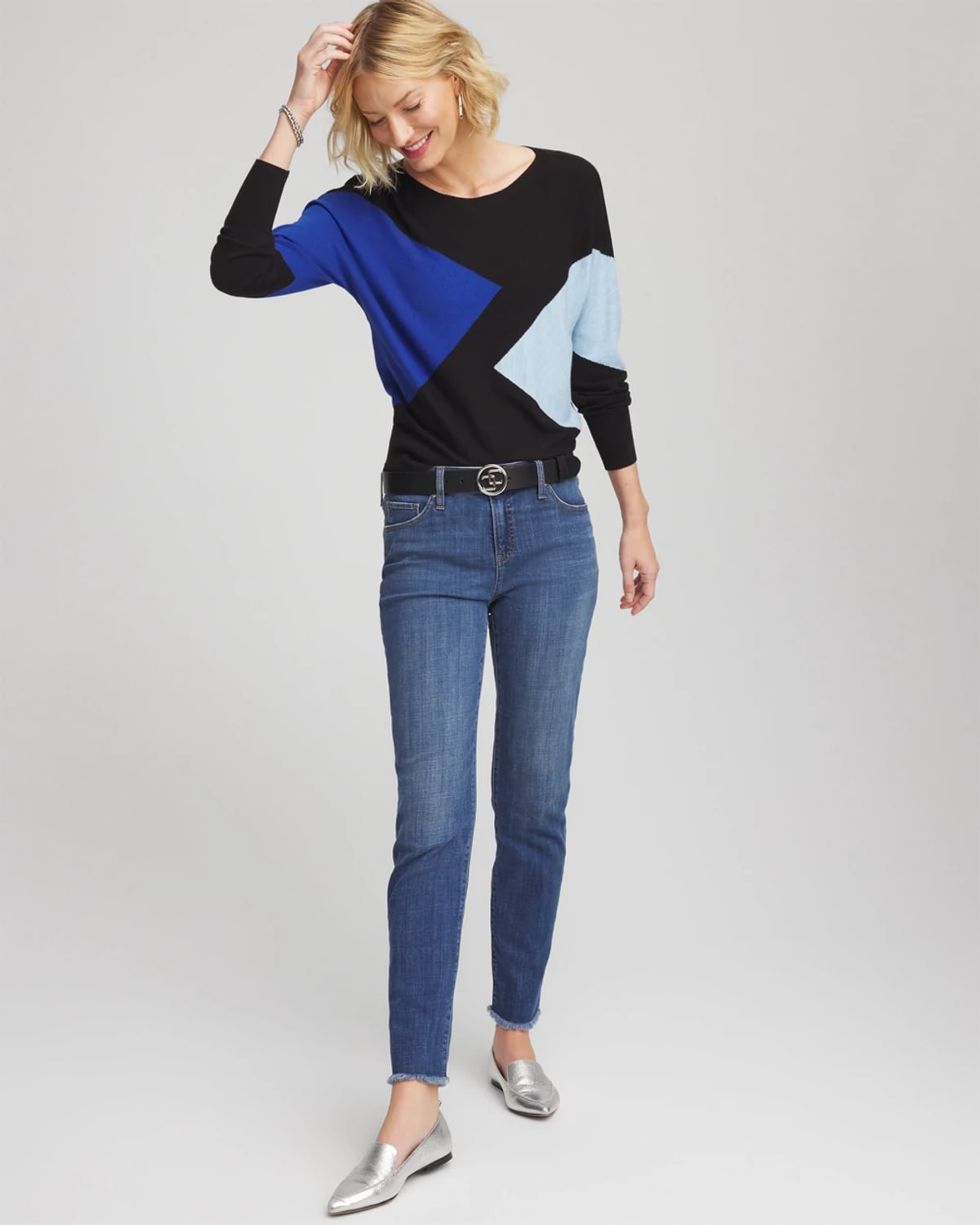 Chico's Ella Dolman Intarsia Pullover Sweater In Black In Black