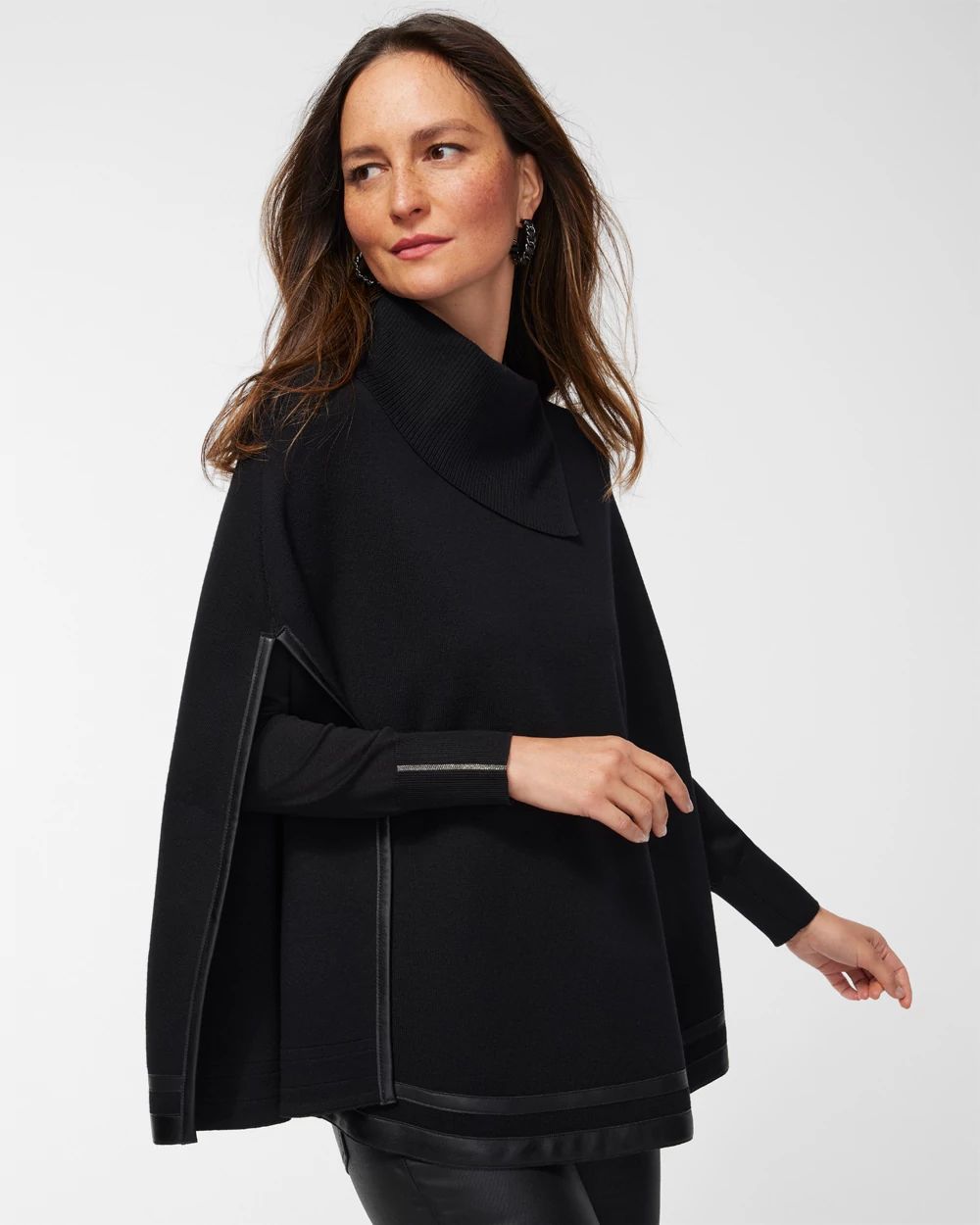Faux Leather Trim Sweater Cape