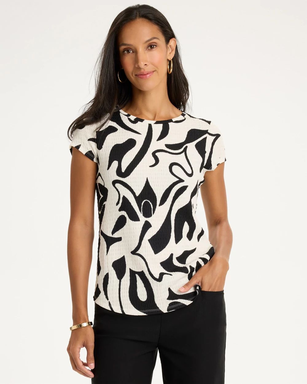 Printed Textured Knit Cap Sleeve Tee