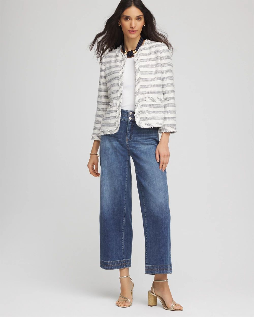 Striped Tweed Collarless Box Jacket click to view larger image.