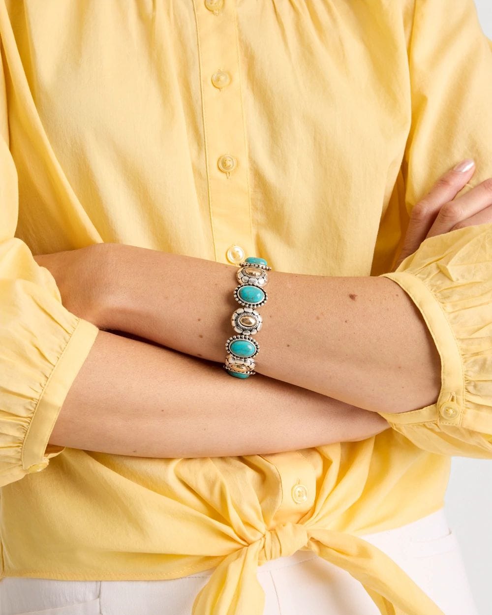 Turquoise Mixed Metal Stretch Bracelet click to view larger image.