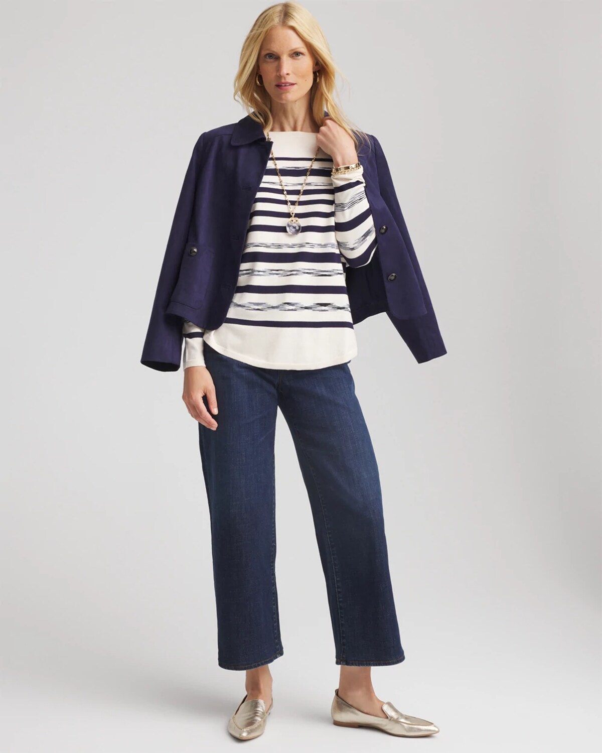 Chico's Ella Striped Ribbed-bateau Pullover Sweater In Cream
