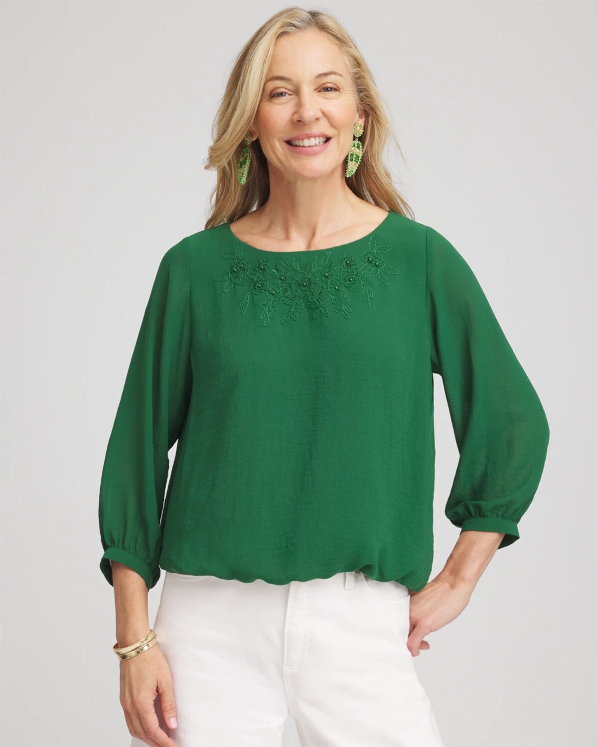 Chico's Embroidered Crinkle Chiffon Blouse In Palm Leaf In Green
