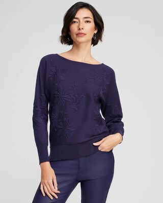 Purple Textured Floral Pullover Sweater