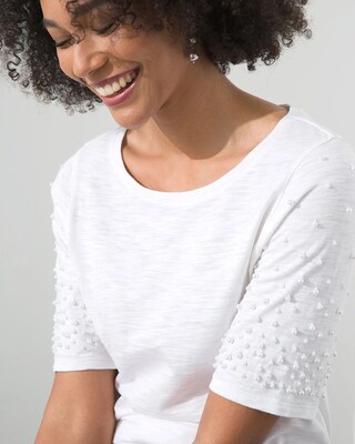 Faux Pearl Sleeve Slub Tee