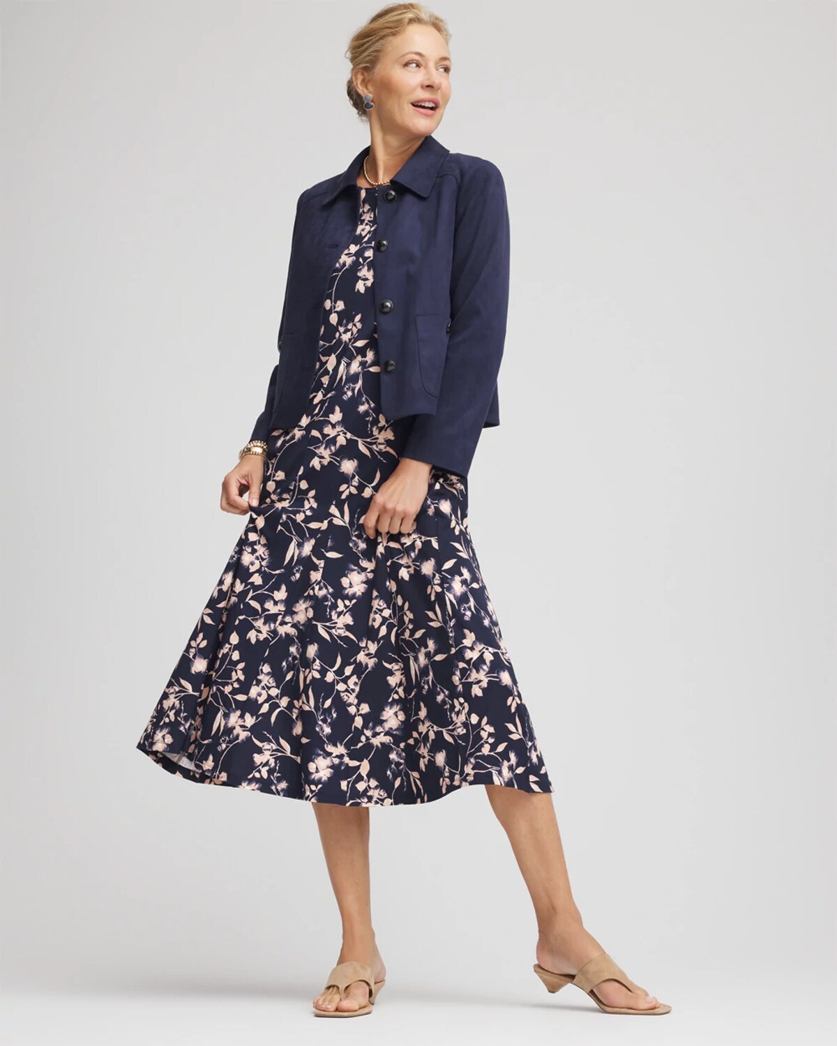 Chico's Printed Godet Popover Midi Dress In Blue