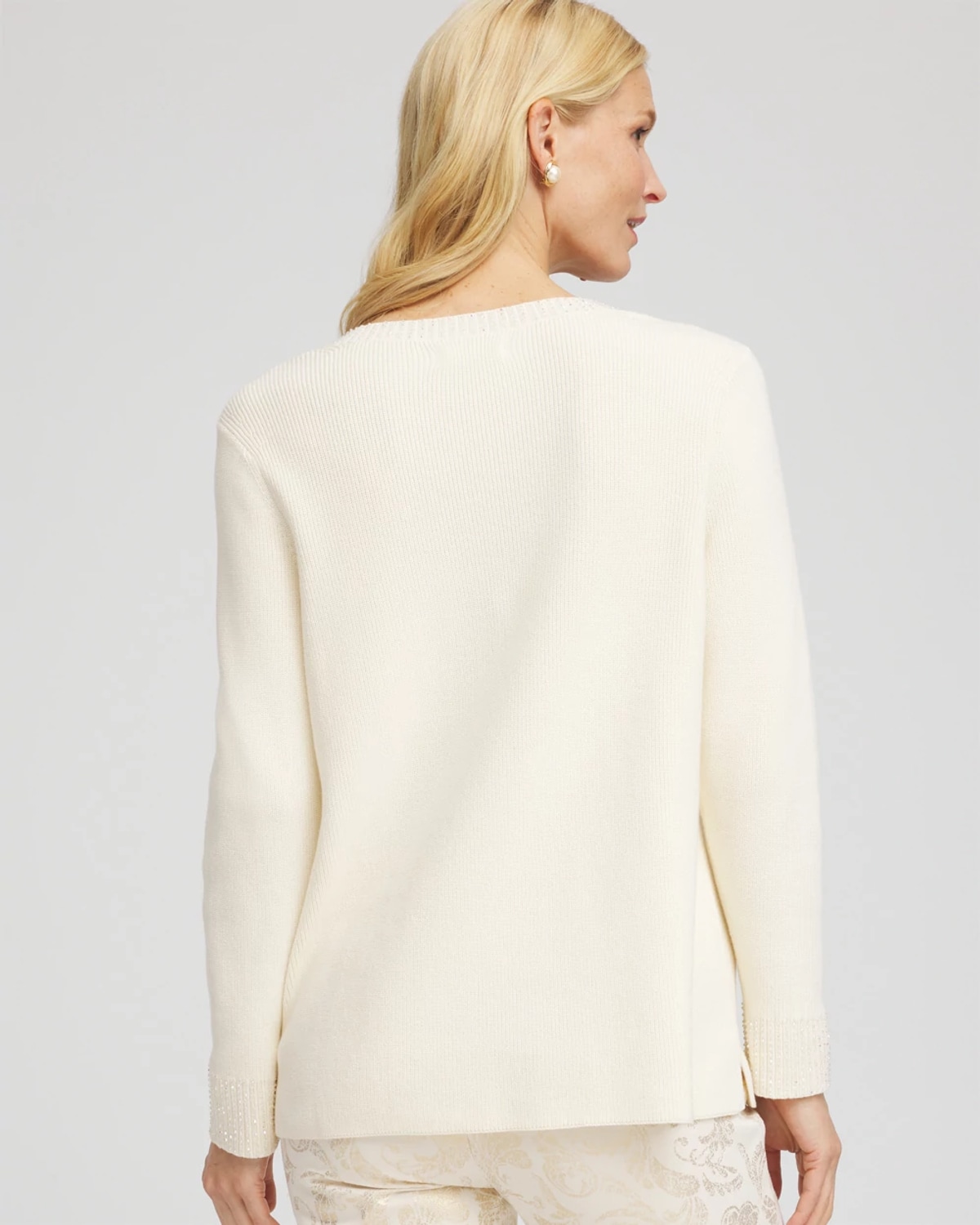 Chico's Embellished V-neck Pullover Sweater In Cream In Neutral