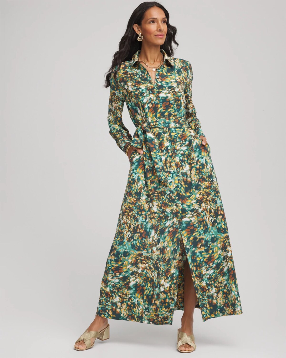 Chico's Printed Long-sleeved Shirtdress In Darkest Spruce In Green