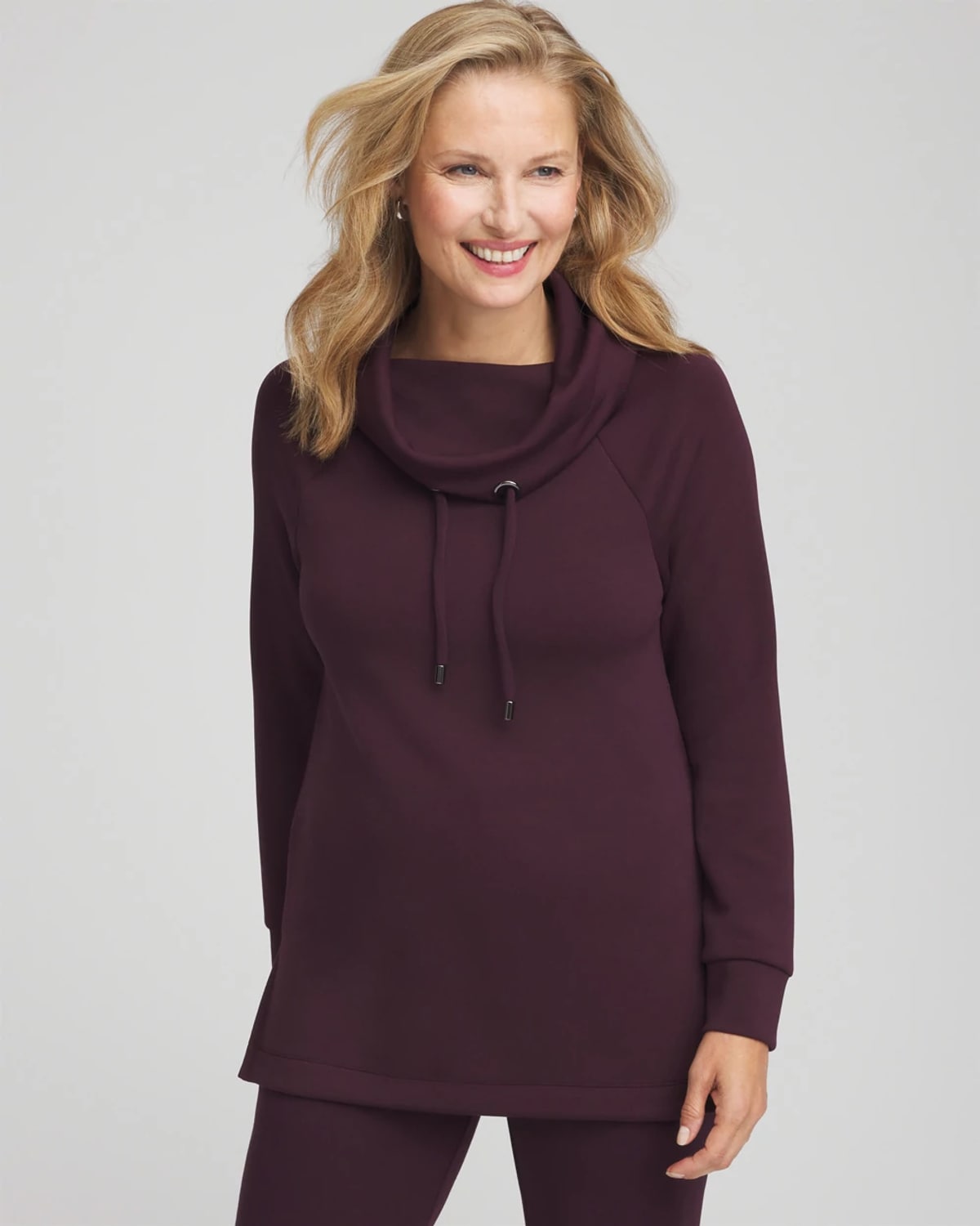 Chico's Scuba Bungee Cowlneck Tunic In Night Bloom In Burgundy