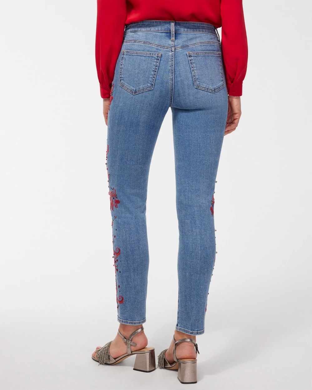 Girlfriend Red Embellished Ankle Jeans