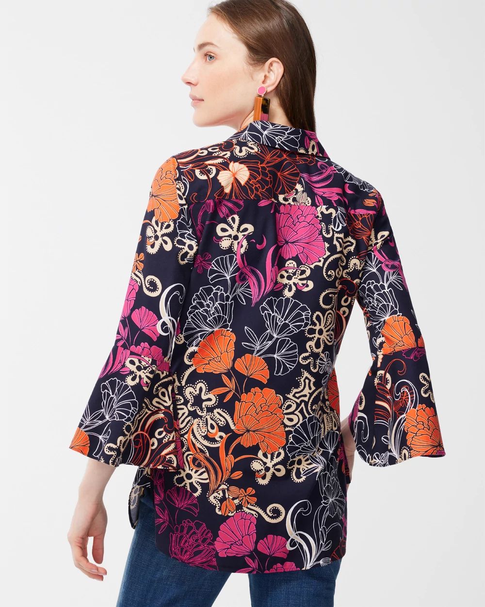 No Iron Stretch Floral Flare Sleeve Tunic