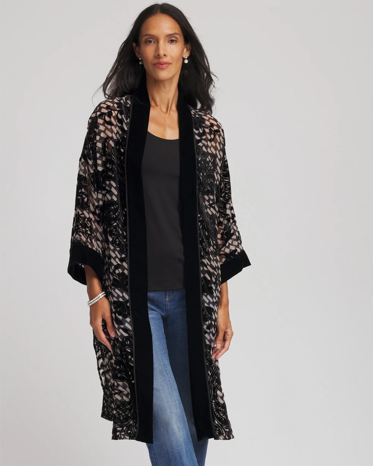 Chico's Art Deco Burnout Kimono In Black In Black