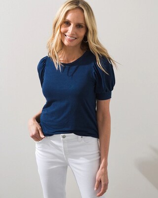 Faux Denim Puff Sleeve Slub Tee