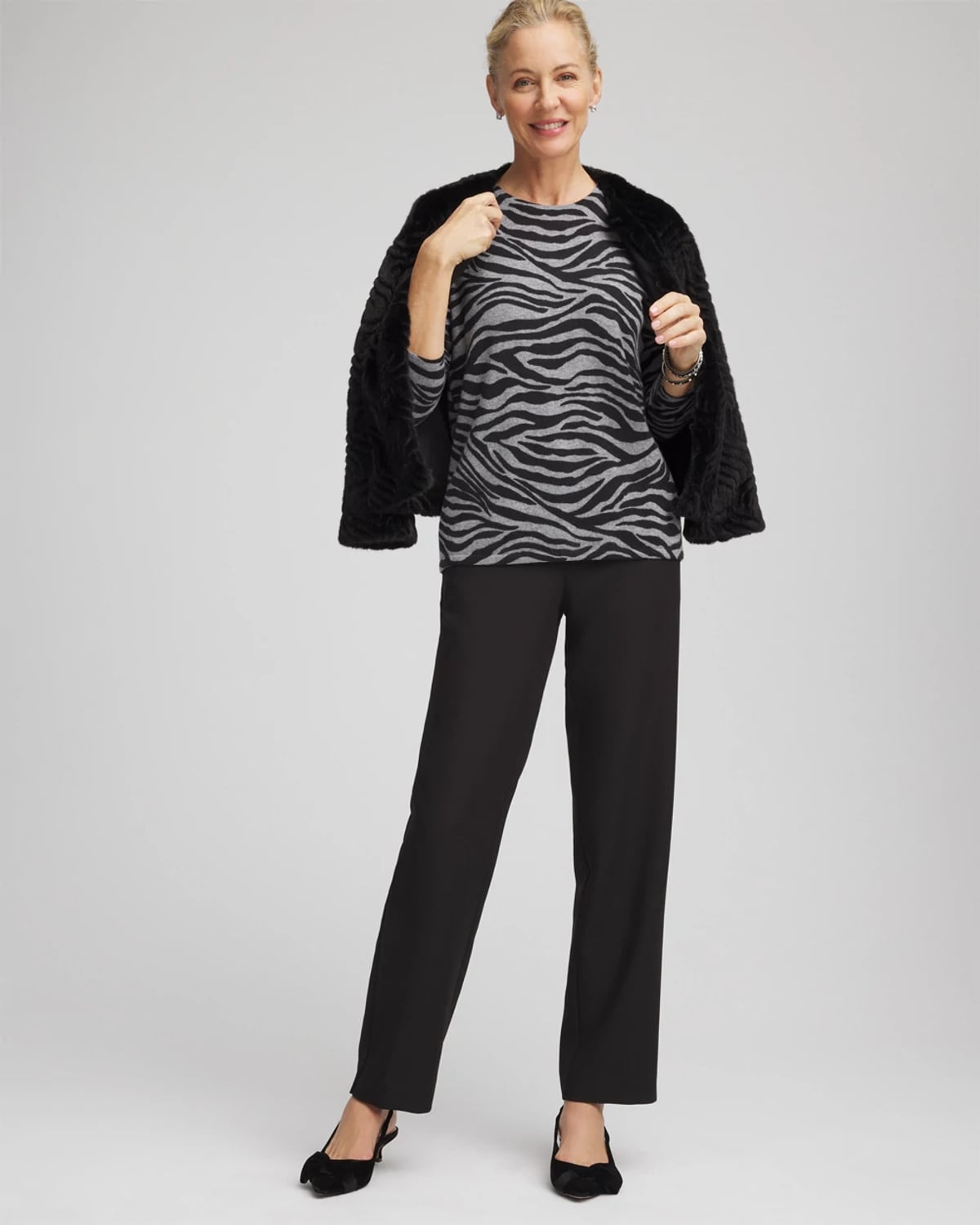 Chico's Cashmere Zebra Long-sleeve Pullover Sweater In Black In Black