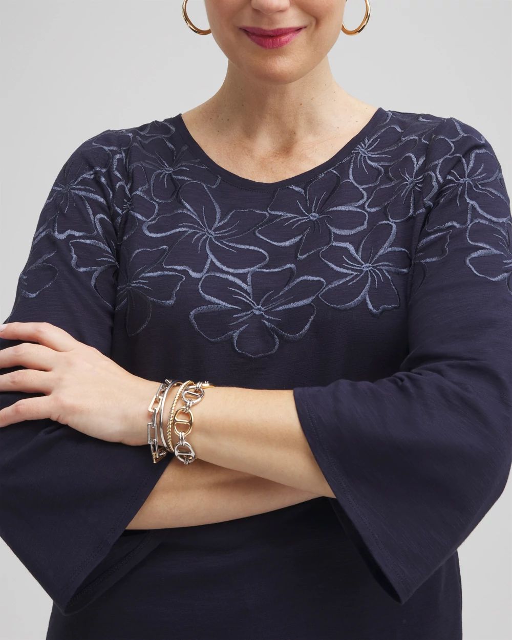 Floral Embroidered 3/4 Sleeve Top