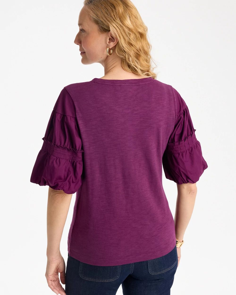 Cotton Slub Poplin Pleat Sleeve Tee click to view larger image.