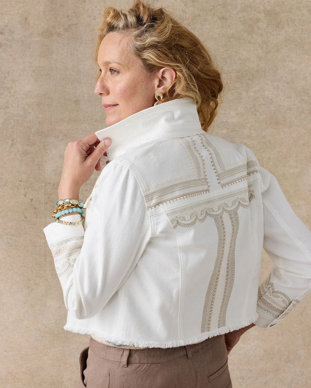 Embroidered Cropped Denim Trucker Jacket