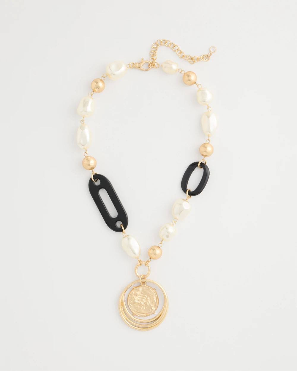 Black Bead Faux Pearl Pendant Necklace