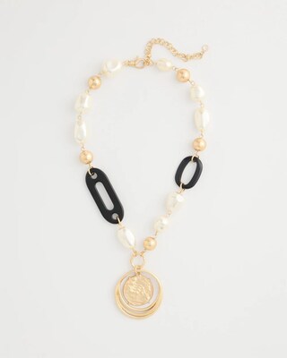Black Bead Faux Pearl Pendant Necklace