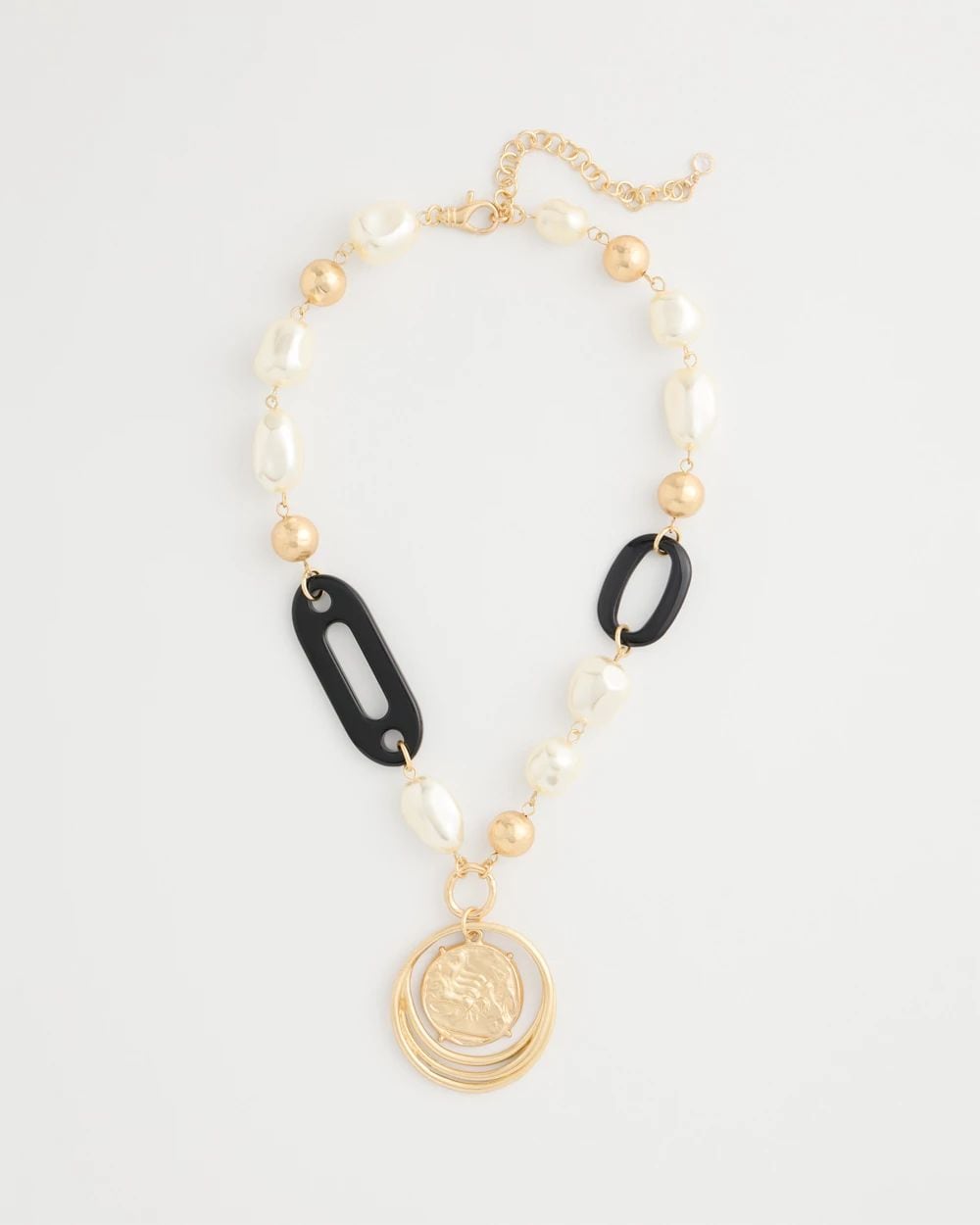 Black Bead Faux Pearl Pendant Necklace
