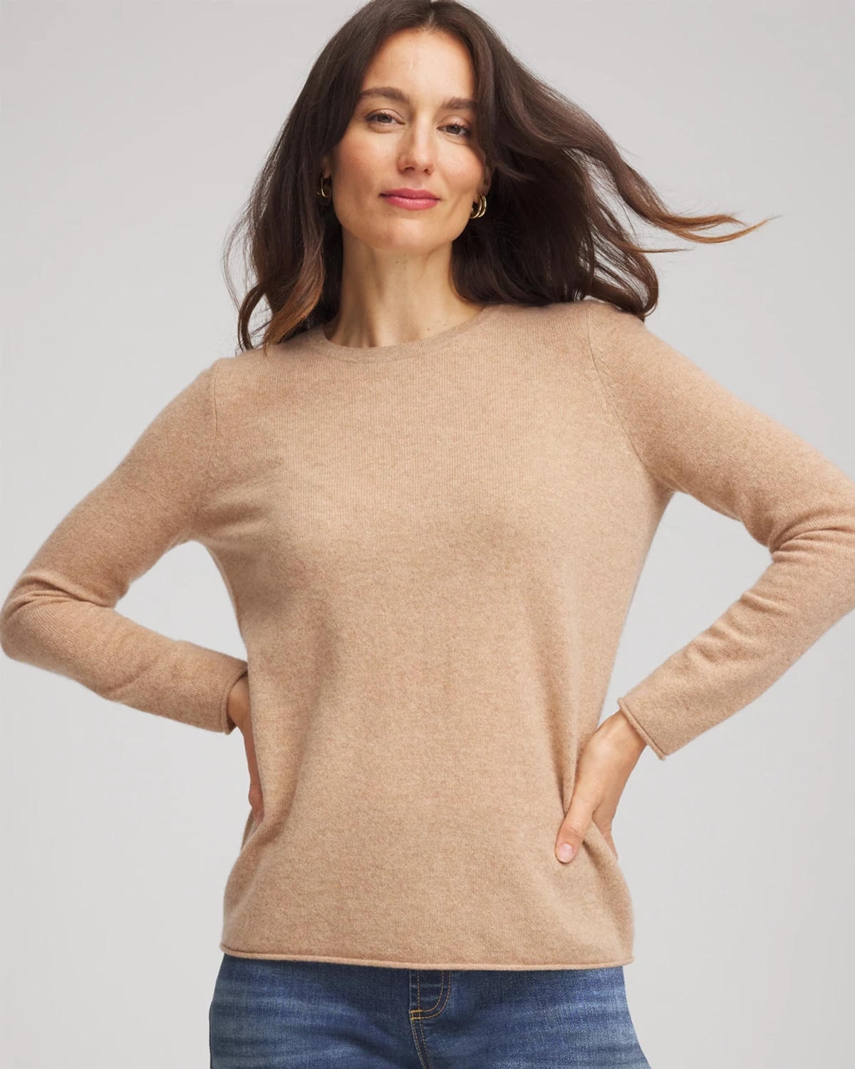 Chico's Crewneck Cashmere Pullover Sweater In Tan In Brown