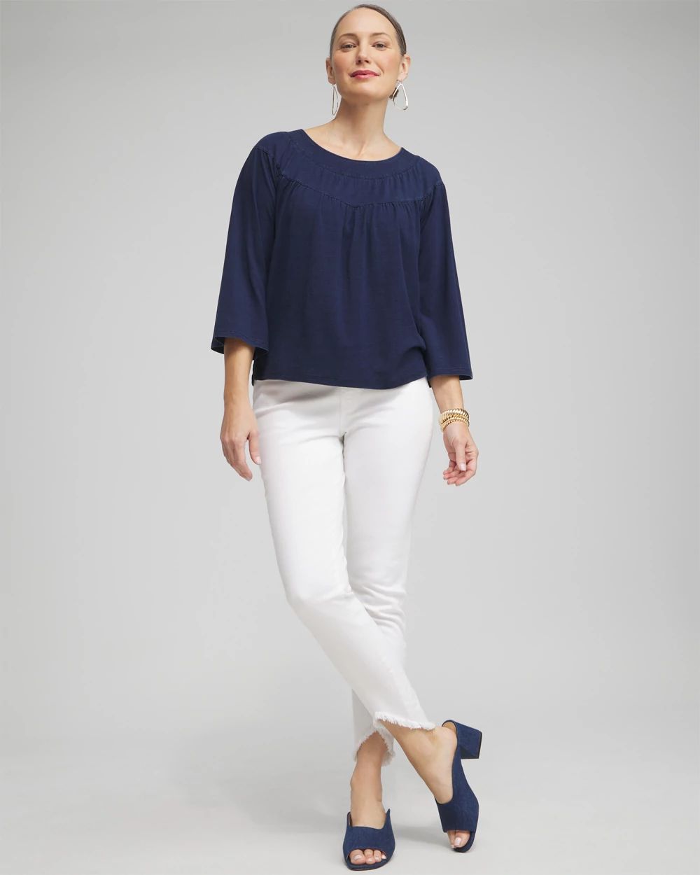 Faux Denim Eyelet Trim Top