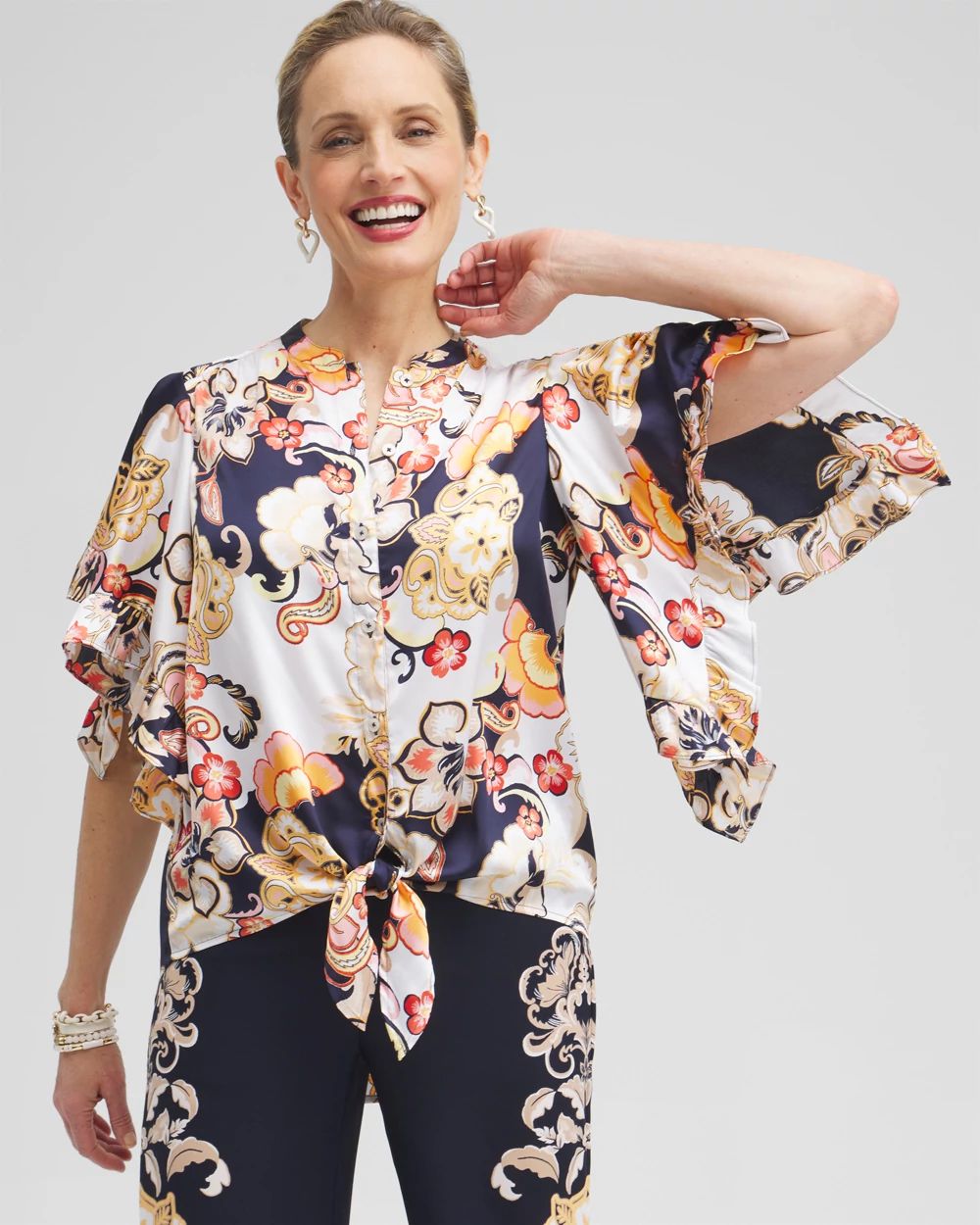 Satin Ruffle Sleeve Tie Front Shirt