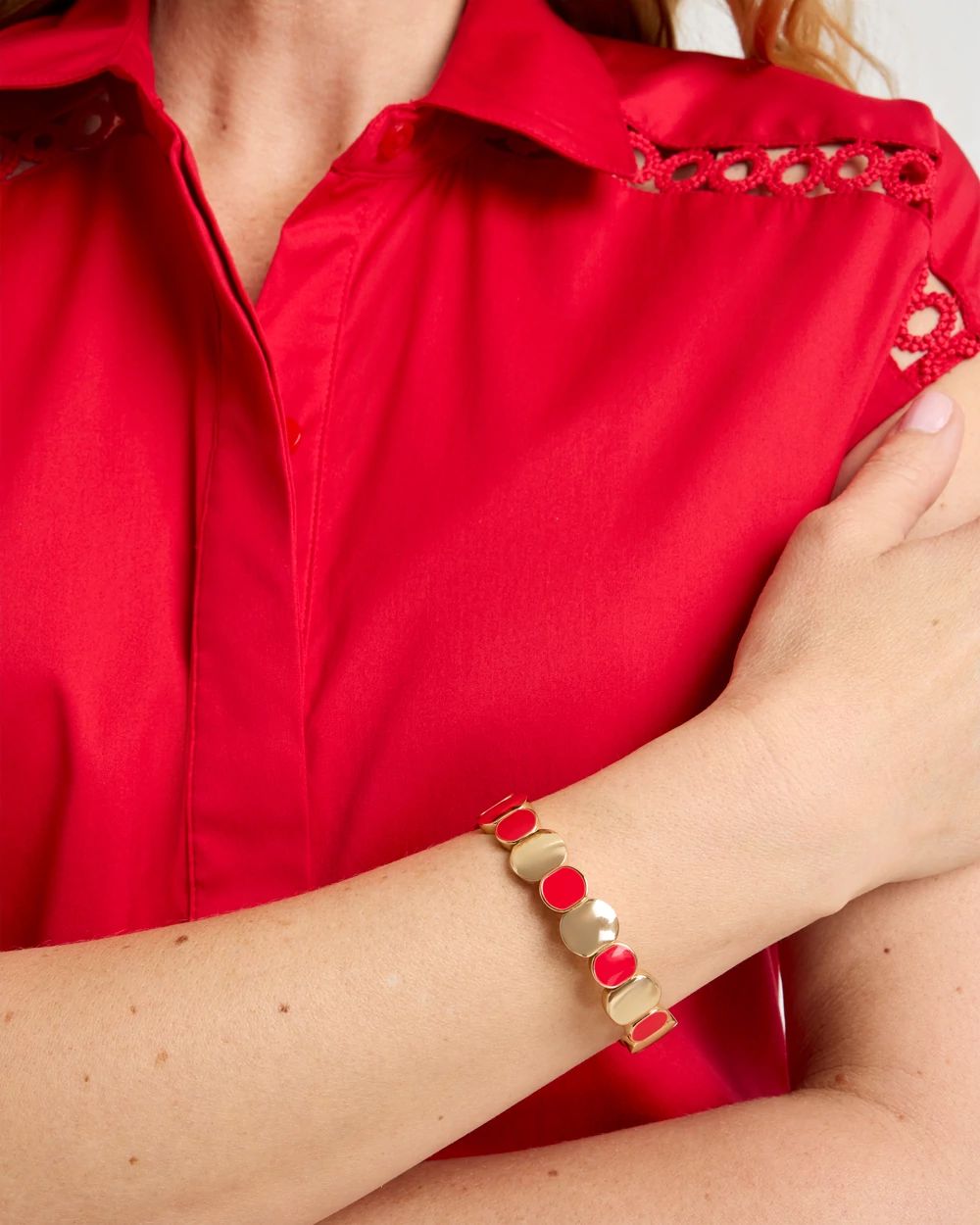 Red Goldtone Glam Stretch Bracelet click to view larger image.