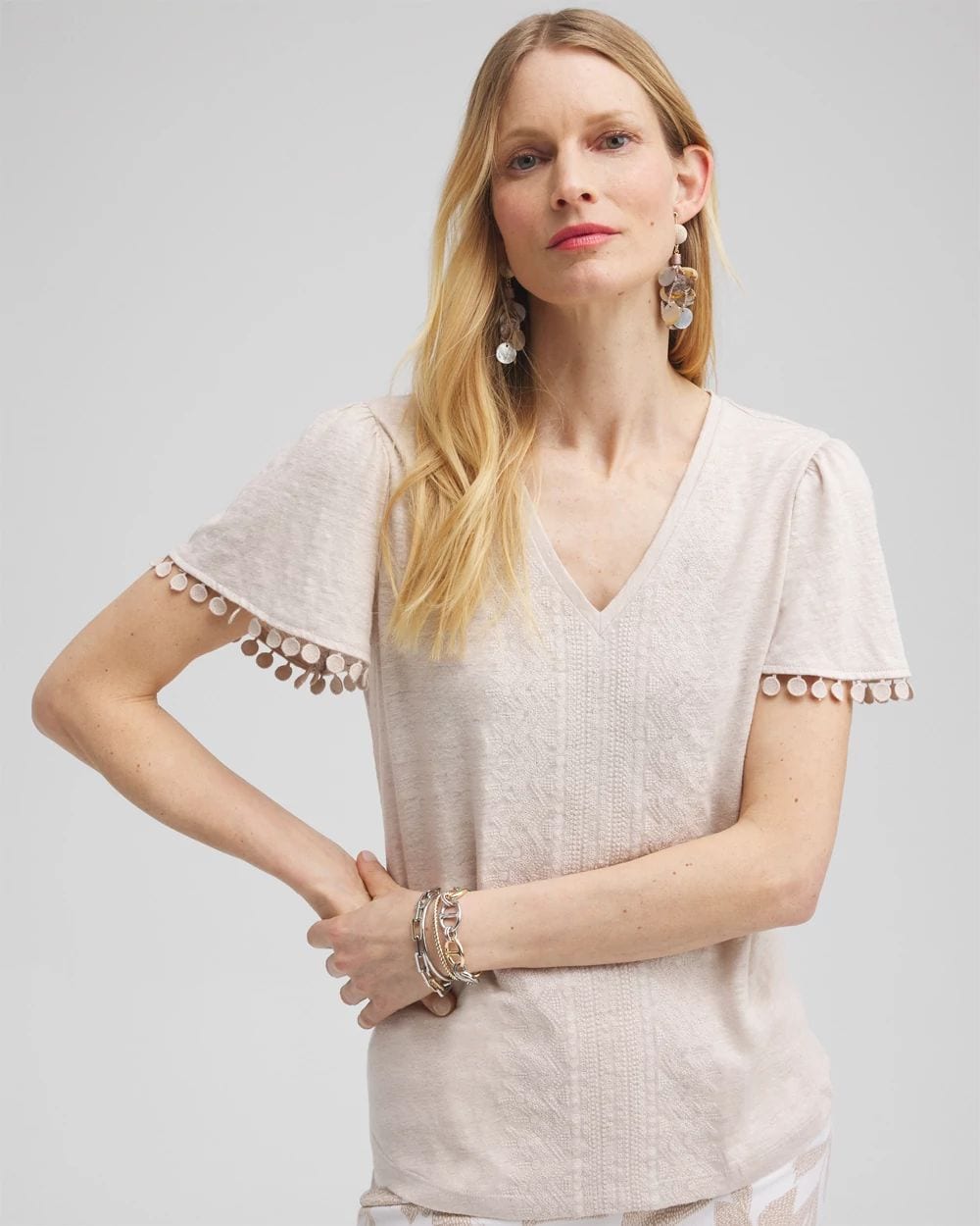 Linen Embroidered Flutter Sleeve Top