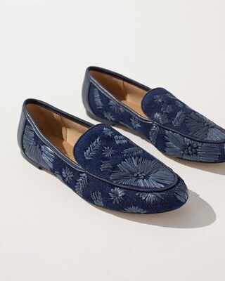 Navy Floral Raffia Loafers