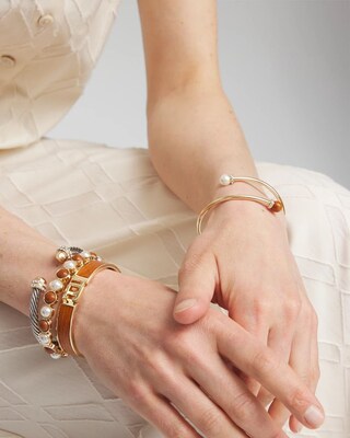 Wood & Faux Pearl Hinge Bracelet