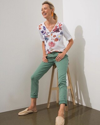 Floral Henley Elbow Sleeve Slub Tee