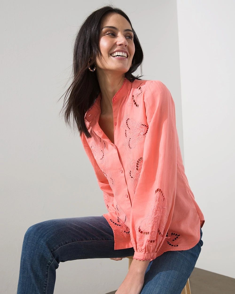 Linen Blend Cutwork Blouse