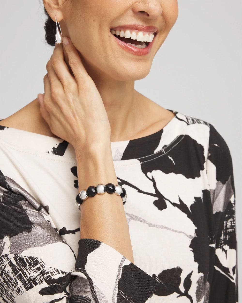 Silver Tone & Black Beaded Stretch Bracelet