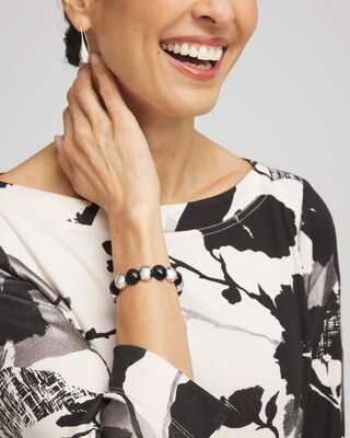 Silver Tone & Black Beaded Stretch Bracelet
