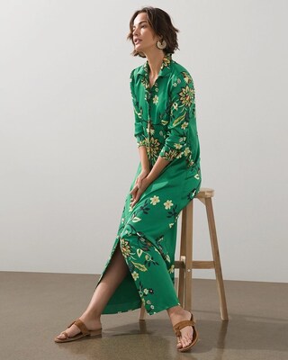 Satin Damask Print Maxi Shirt Dress