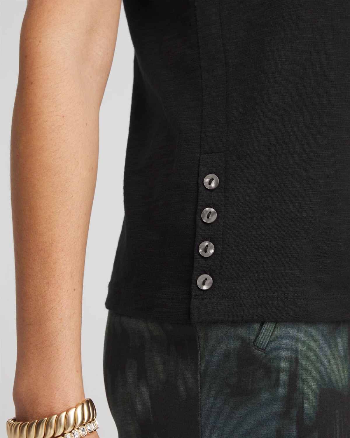 Chico's Jersey Knit Crewneck Button Tee In Black In Black