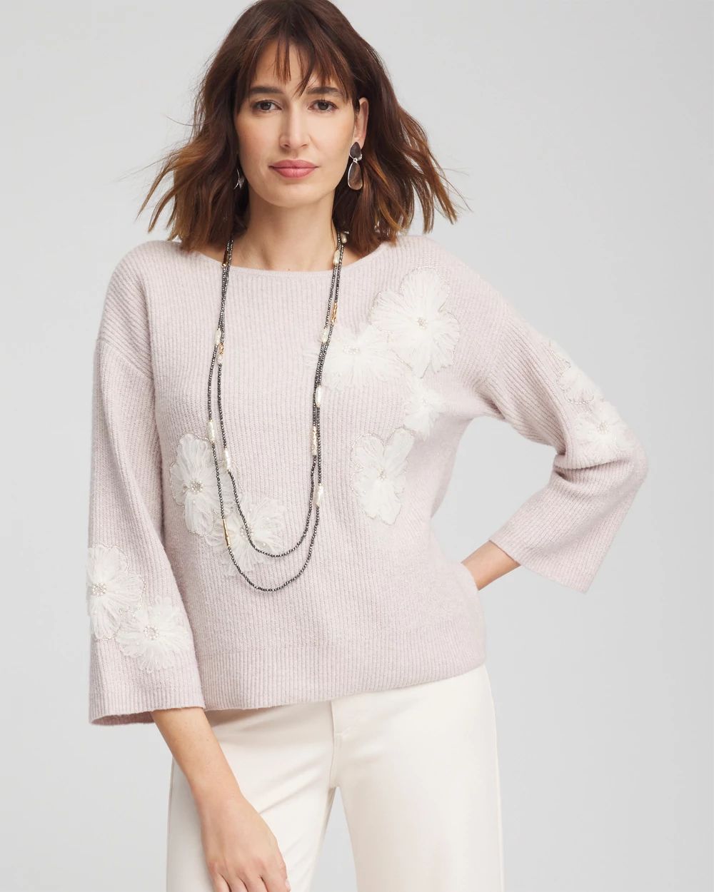Romantic Ruffles Appliqué Cozy Pink Sweater Romantic Ruffles Appliqué Cozy Pink Sweater